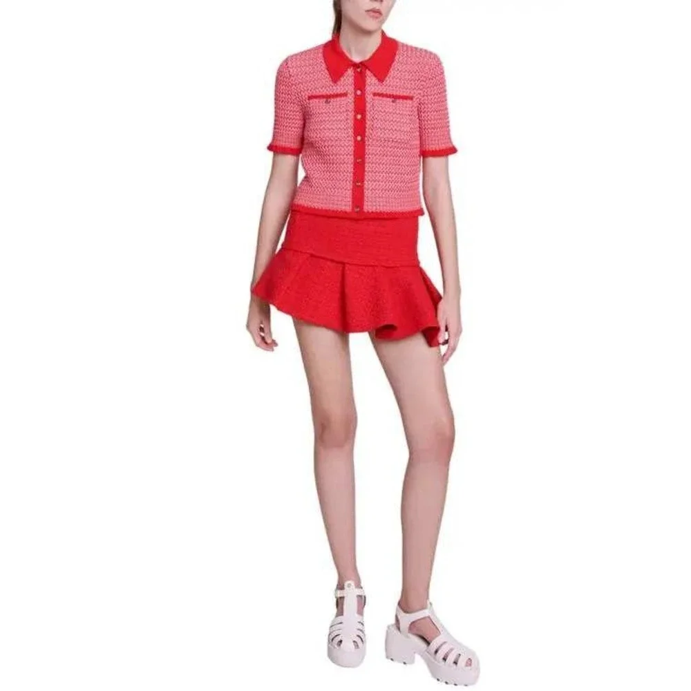 Maje Tweed Ruffled Pleated Asymmetrical Red Micro Mini Skort Skirt US S EU 36